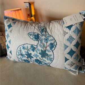 Blue and White Floral Bunny Accent Pillow